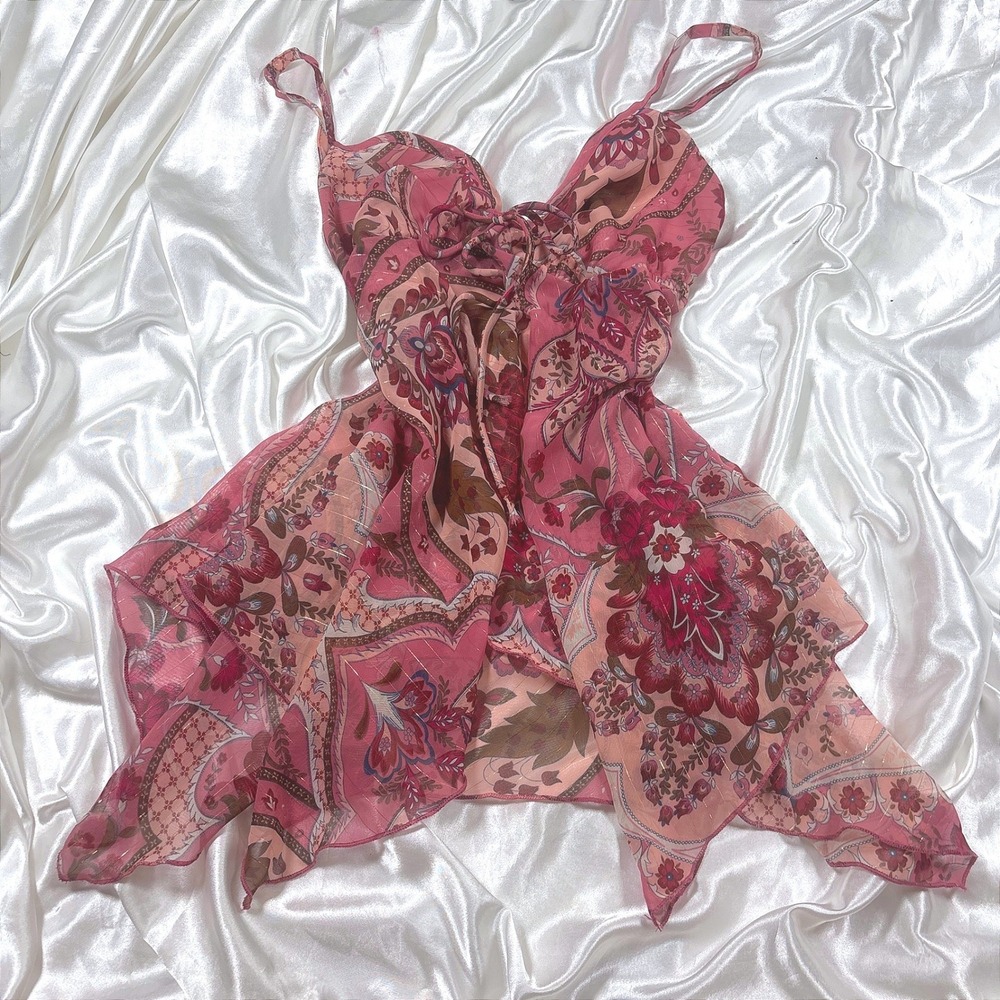y2k Rampage Camisole Pink Excellent Paisley Handkerchief Hem Lace Up Top